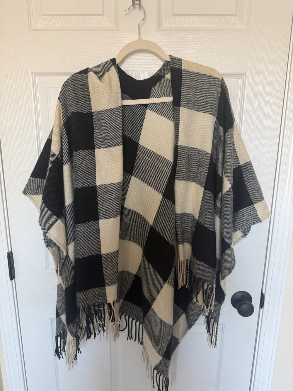 Black & Cream Buffalo Plaid Fringe Poncho
